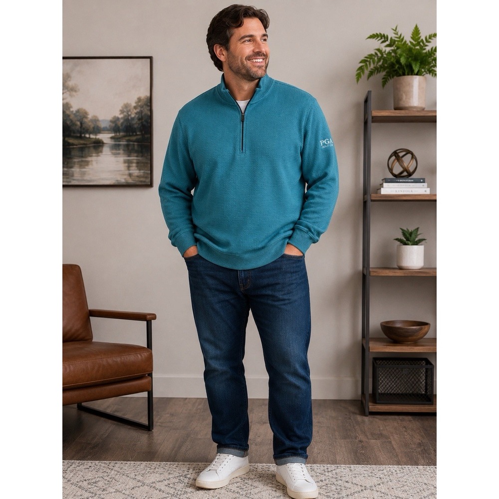 PGA Golf Club Men's Large Quarter Zip Pullover Teal Textured Golf Sweater